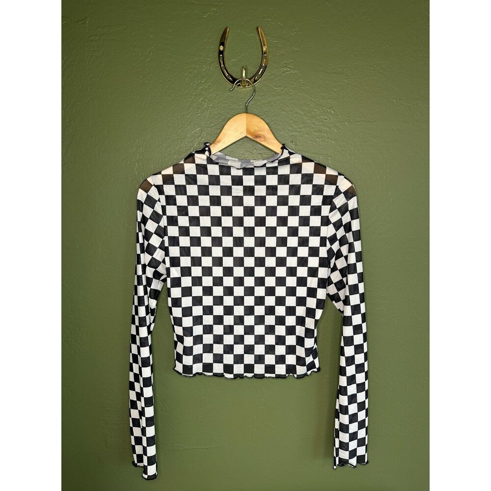 Black & white checkered women's sheer mock neck long sleeve crop top